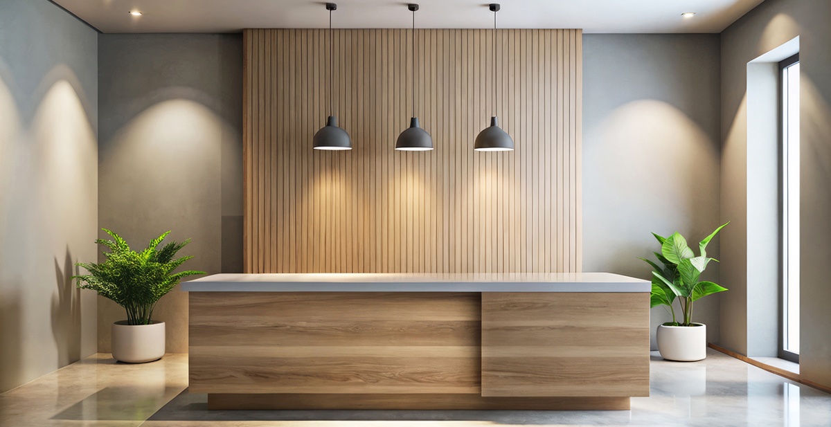 Modern minimalist reception desk illustration with clean lines, sleek surfaces, and subtle shadows, set against a neutral background, conveying professionalism and elegance.